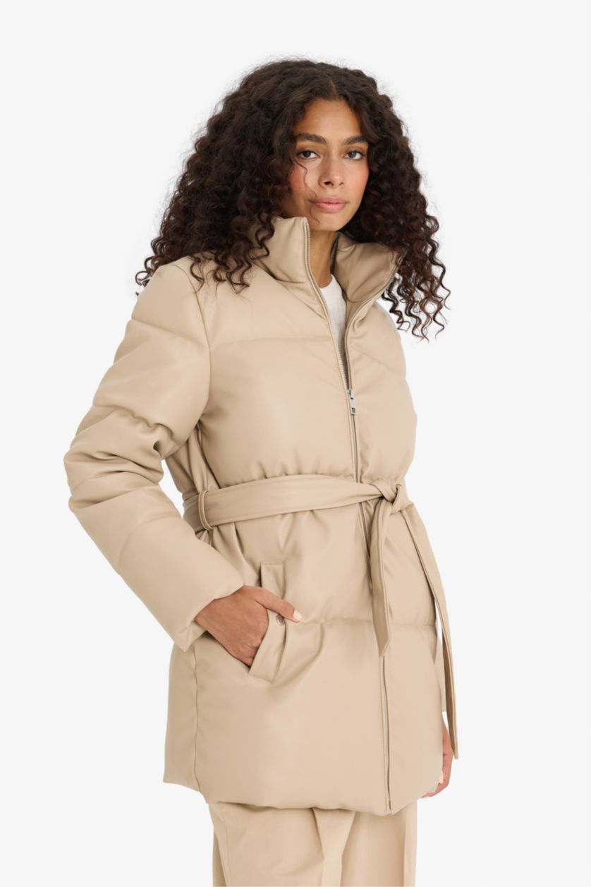 Женщины Бежевый Водонепроницаемая куртка-парка Regular Fit из искусственной кожи
