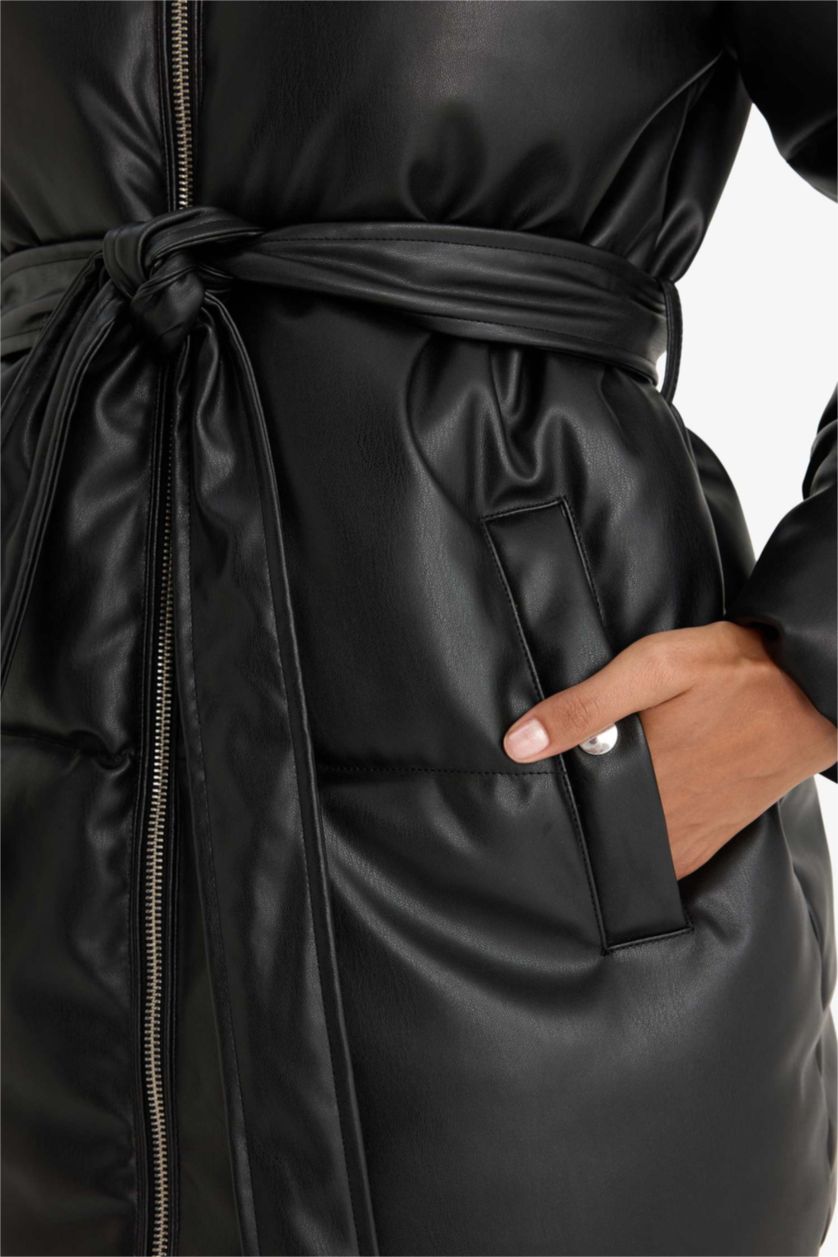 Женщины Черный Водонепроницаемая куртка-парка Regular Fit из искусственной кожи