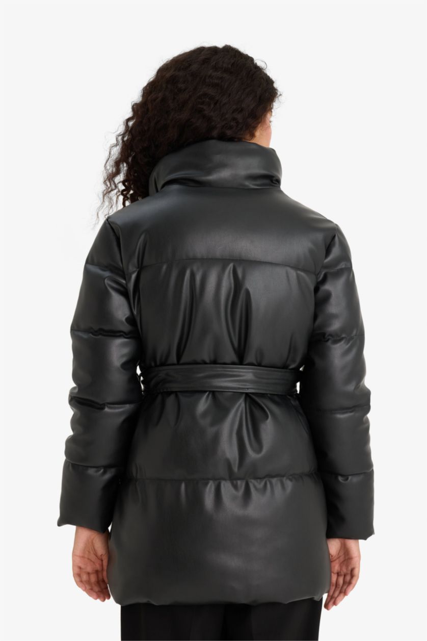 Женщины Черный Водонепроницаемая куртка-парка Regular Fit из искусственной кожи