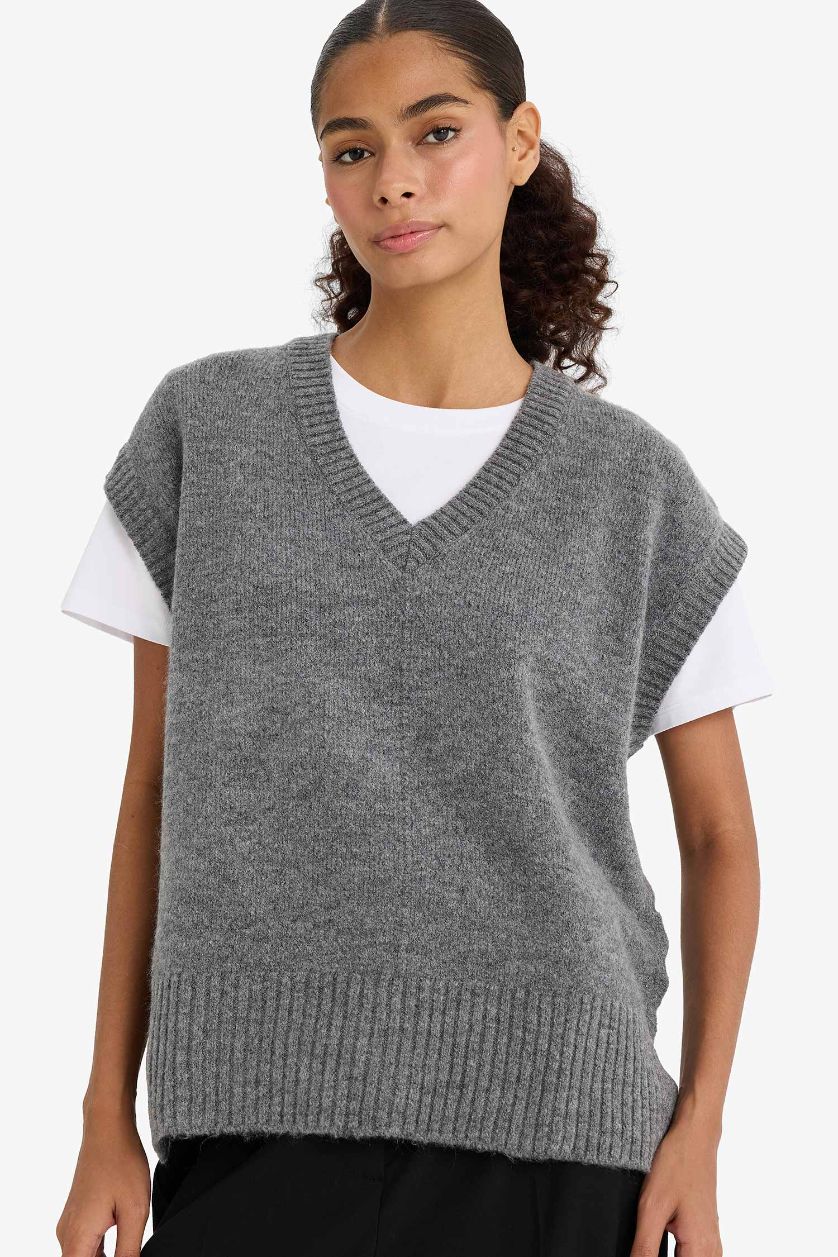 FEMME Gris Pull sans manches à col V Coupe régulière