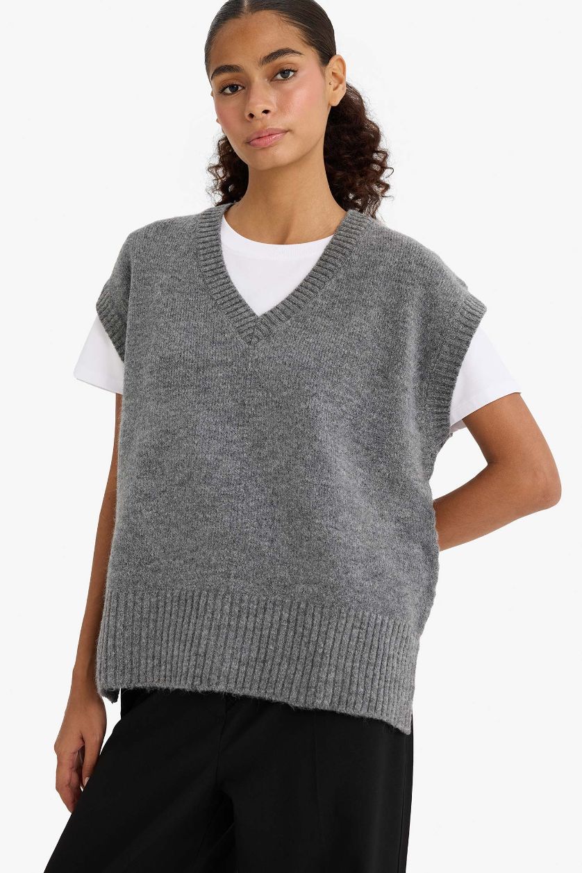 FEMME Gris Pull sans manches à col V Coupe régulière