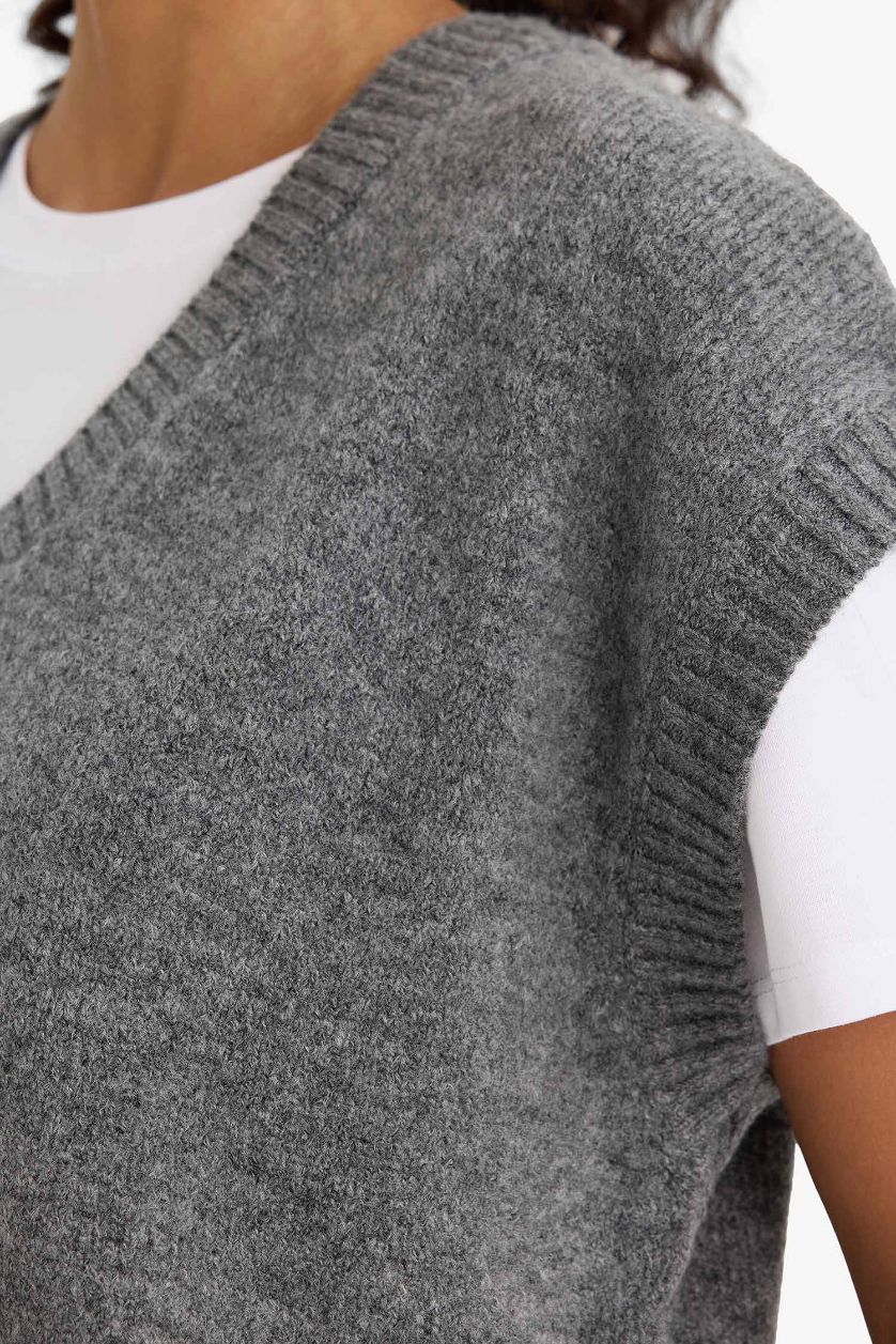 FEMME Gris Pull sans manches à col V Coupe régulière