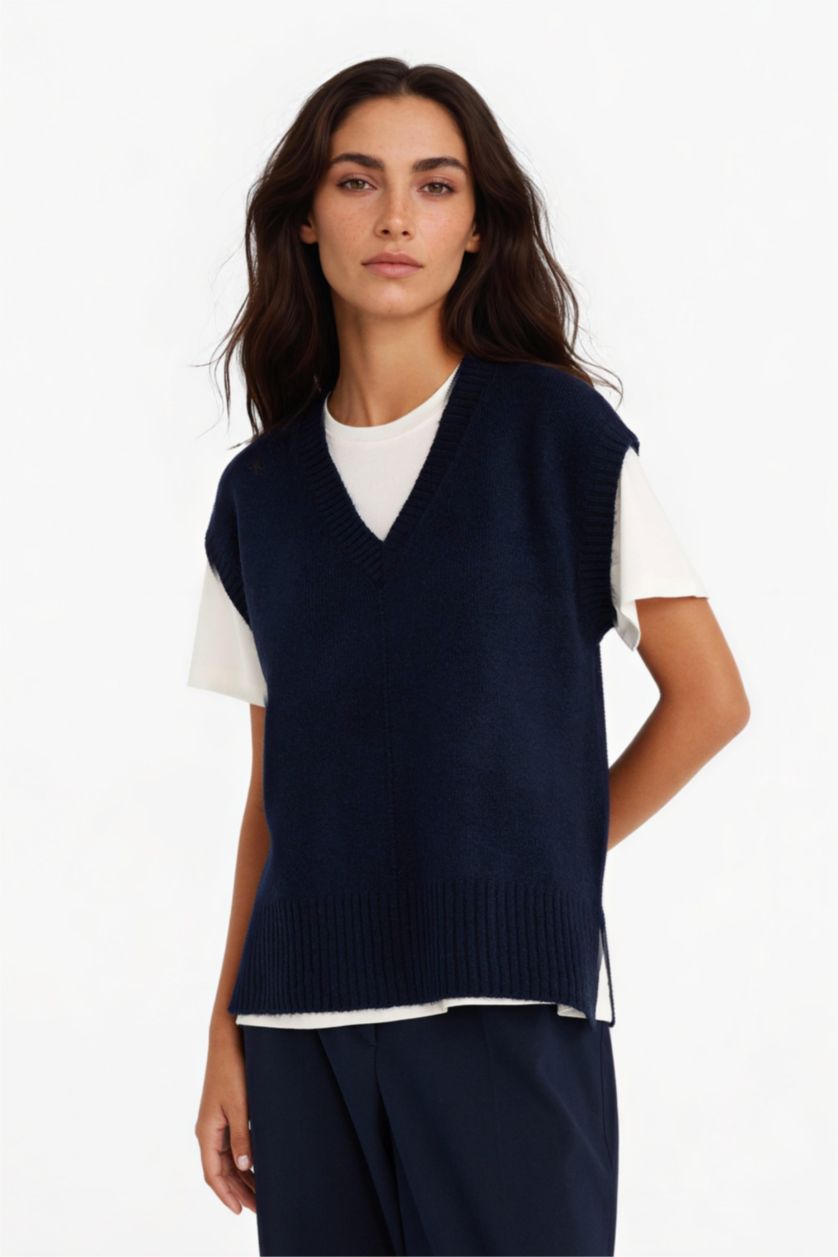 FEMME Marin Pull sans manches à col V Coupe régulière