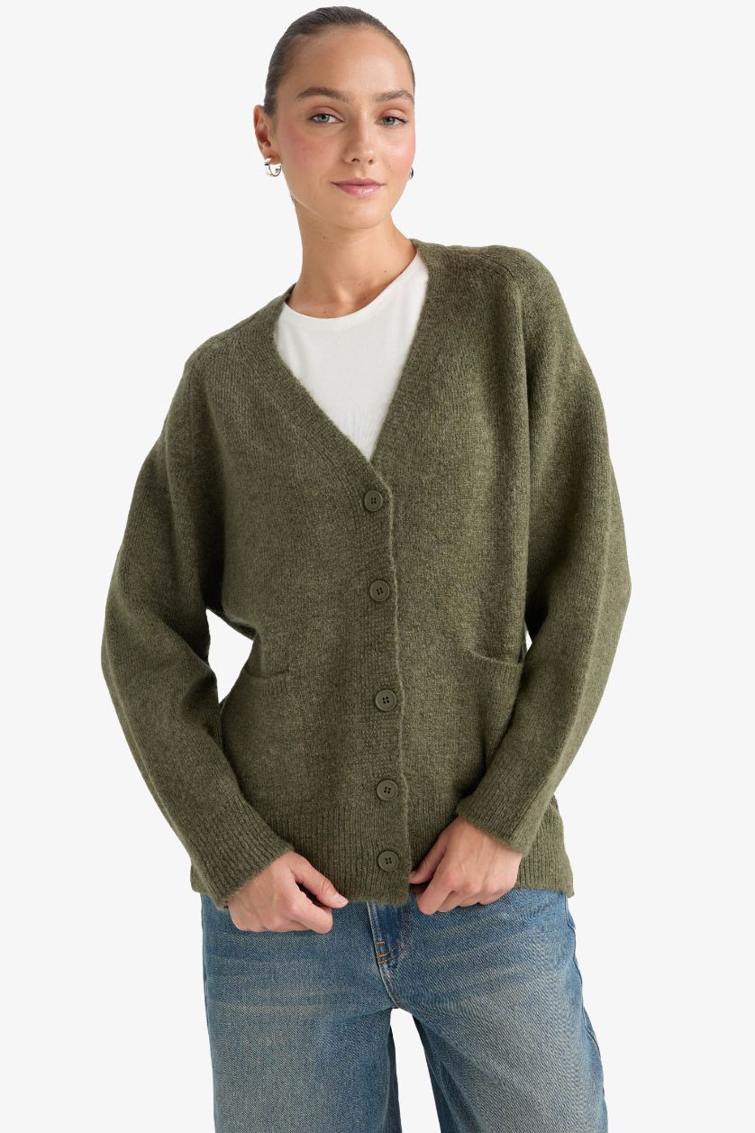 WOMAN Khaki Oversize Fit V-Neck Soft Textured Cardigan