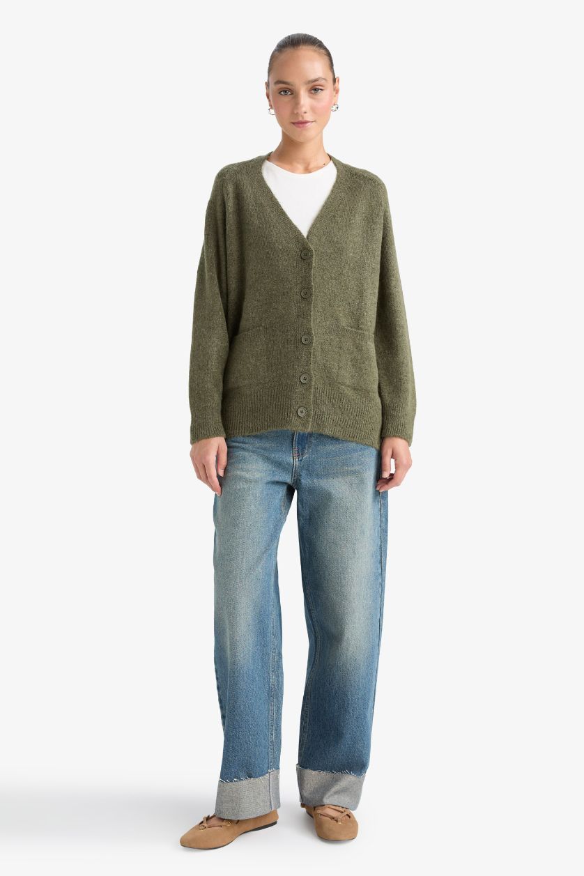 WOMAN Khaki Oversize Fit V-Neck Soft Textured Cardigan