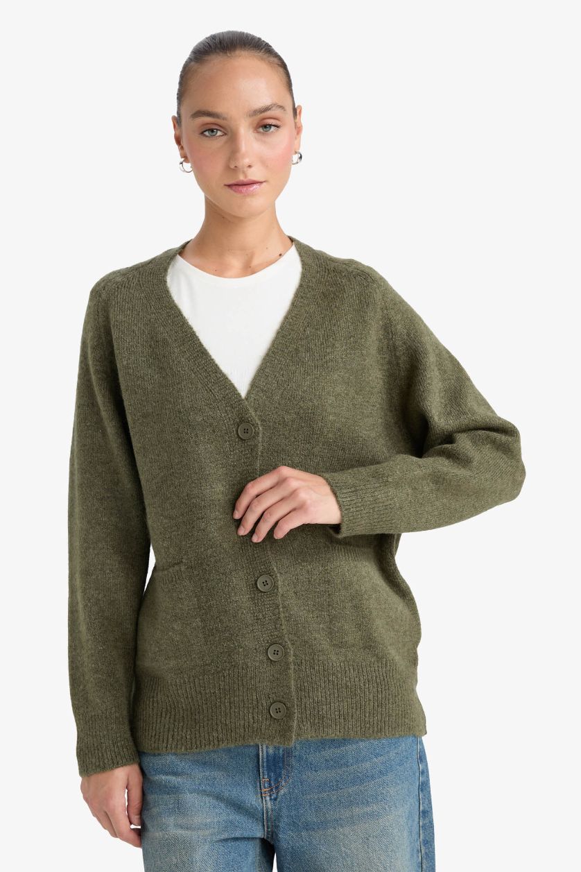 WOMAN Khaki Oversize Fit V-Neck Soft Textured Cardigan