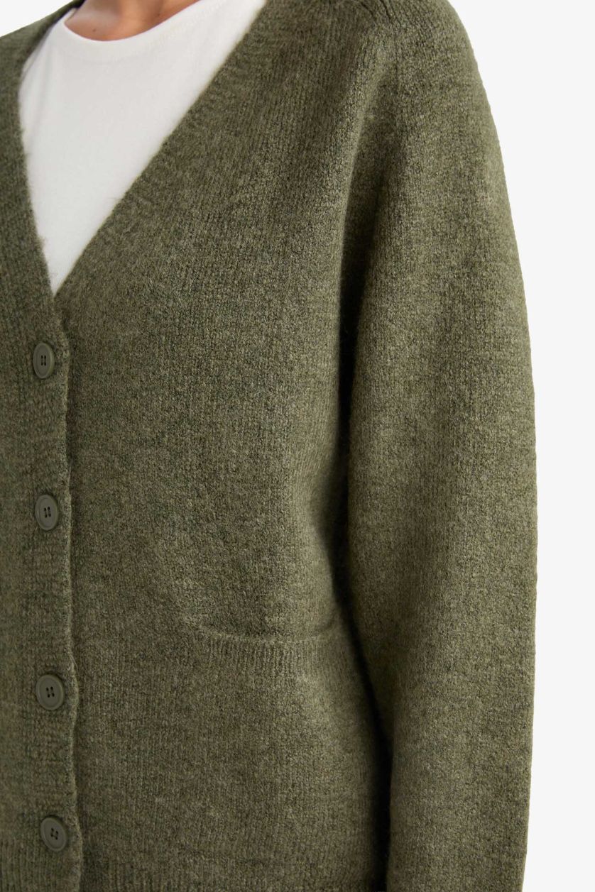 WOMAN Khaki Oversize Fit V-Neck Soft Textured Cardigan