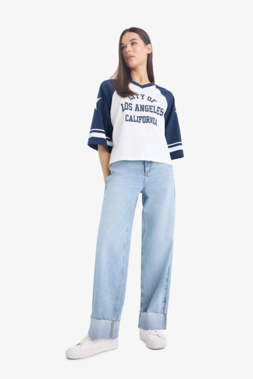 WOMAN Indigo Loose Fit Crew Neck Printed Short Sleeve T-Shirt