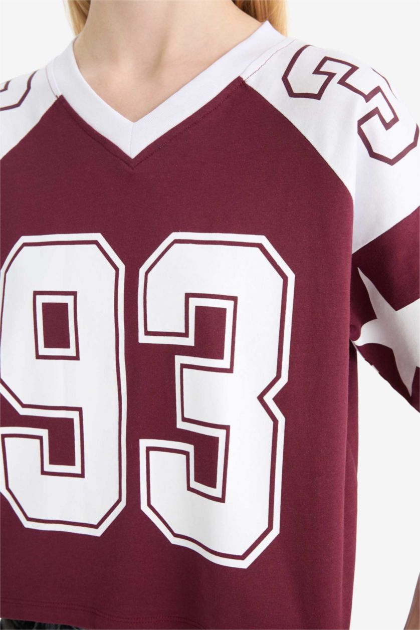 نساء خمري تيشيرت نص ردن مطبوع قصة فضفاضة