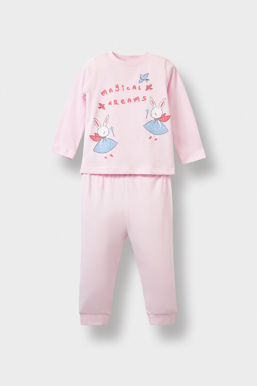 Baby Girl Light Pink Baby Girl Rabbit Printed Cotton Top Bottoms 2 Piece Pajama Set