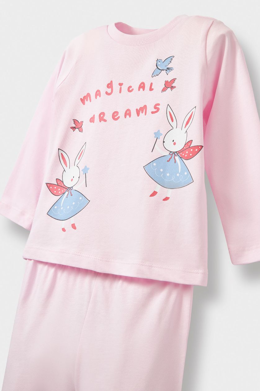 Baby Girl Light Pink Baby Girl Rabbit Printed Cotton Top Bottoms 2 Piece Pajama Set