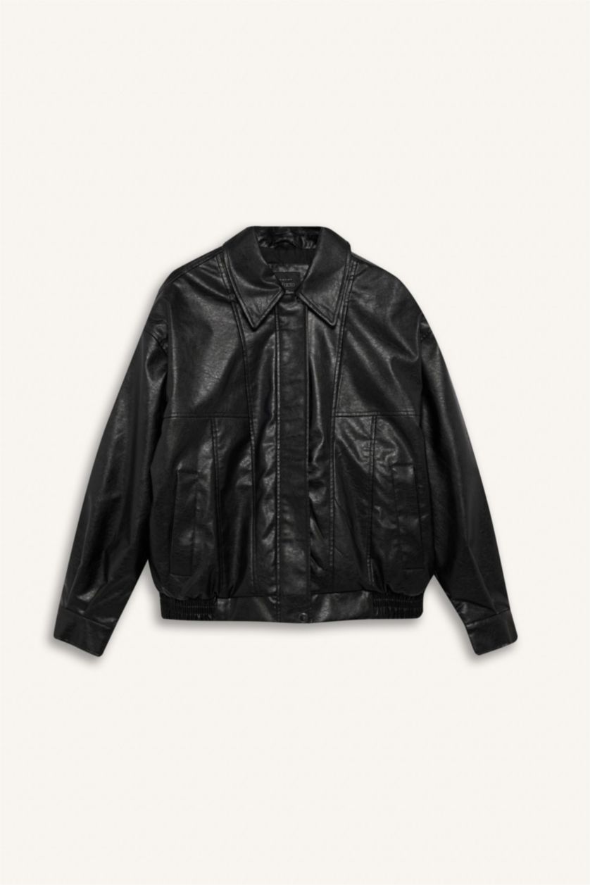 Kadın Siyah Dad Fit Polo Yaka Suni Deri Mont