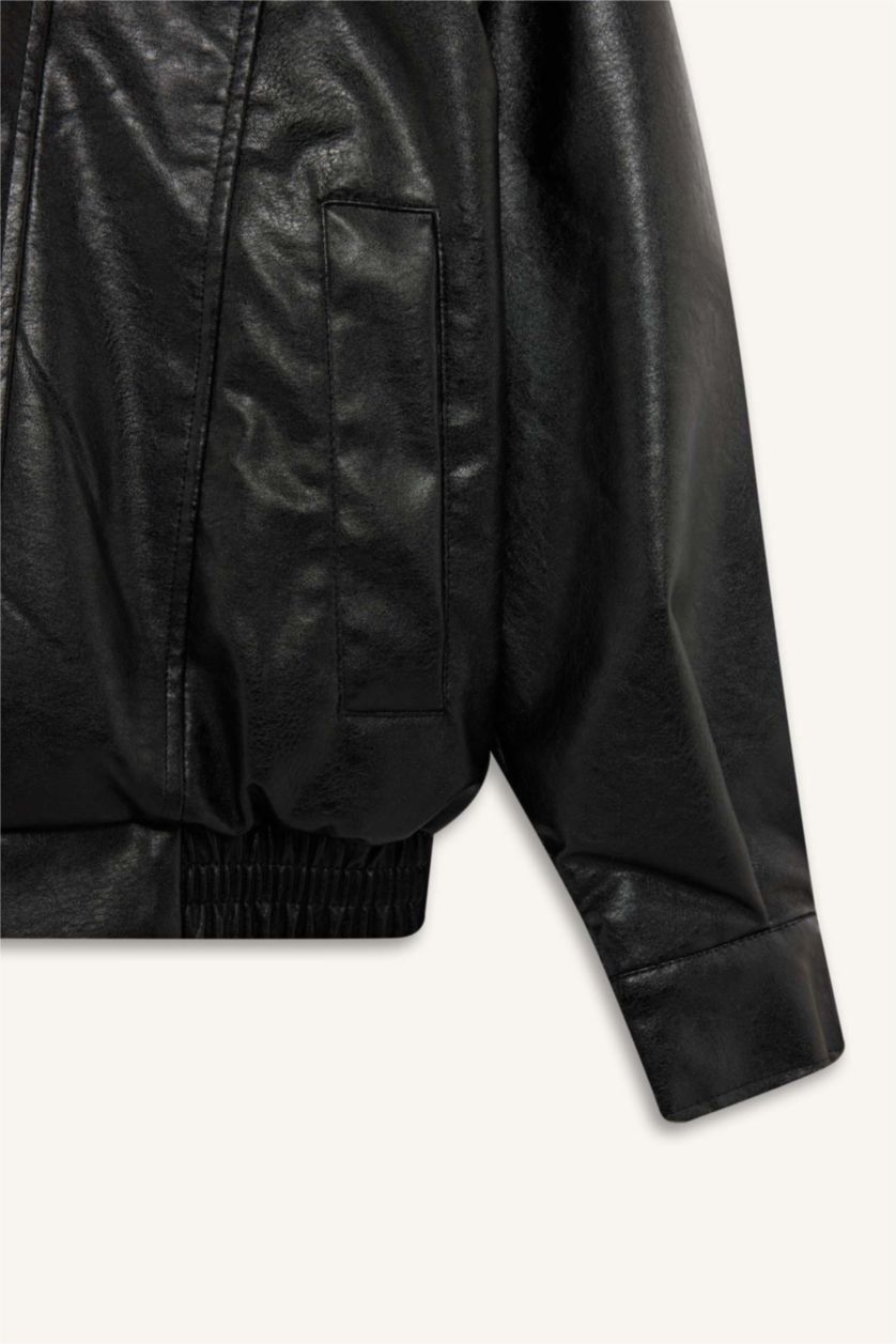 Kadın Siyah Dad Fit Polo Yaka Suni Deri Mont