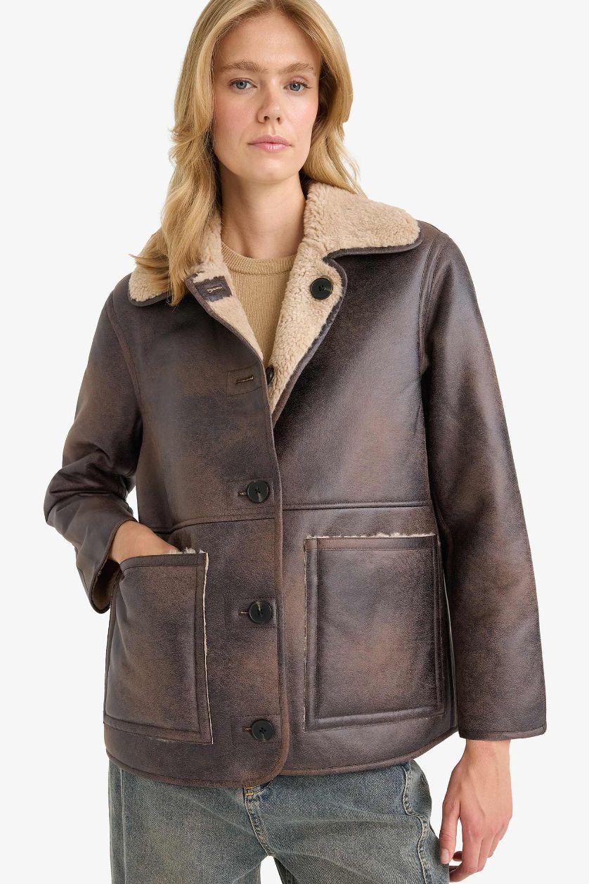 Женщины Коричневый Двусторонняя куртка-регуляр с искусственным мехом и воротником-поло