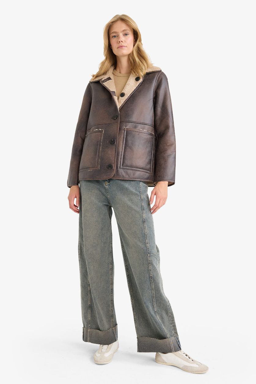 Женщины Коричневый Двусторонняя куртка-регуляр с искусственным мехом и воротником-поло