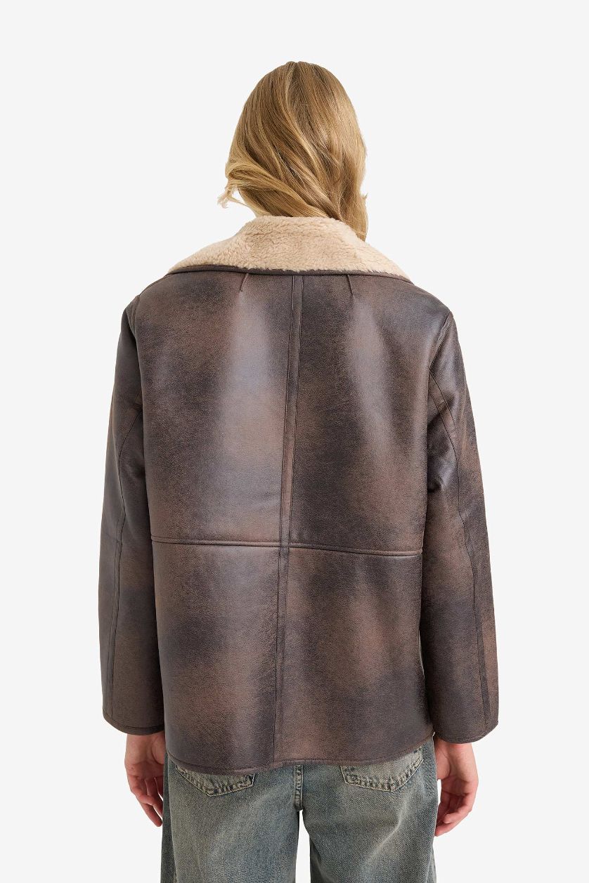 Женщины Коричневый Двусторонняя куртка-регуляр с искусственным мехом и воротником-поло