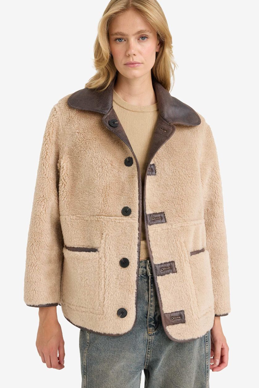 Женщины Коричневый Двусторонняя куртка-регуляр с искусственным мехом и воротником-поло