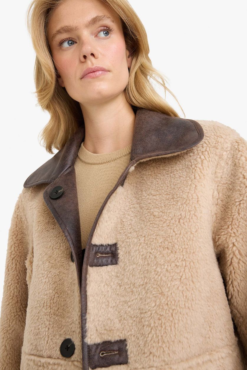 Женщины Коричневый Двусторонняя куртка-регуляр с искусственным мехом и воротником-поло