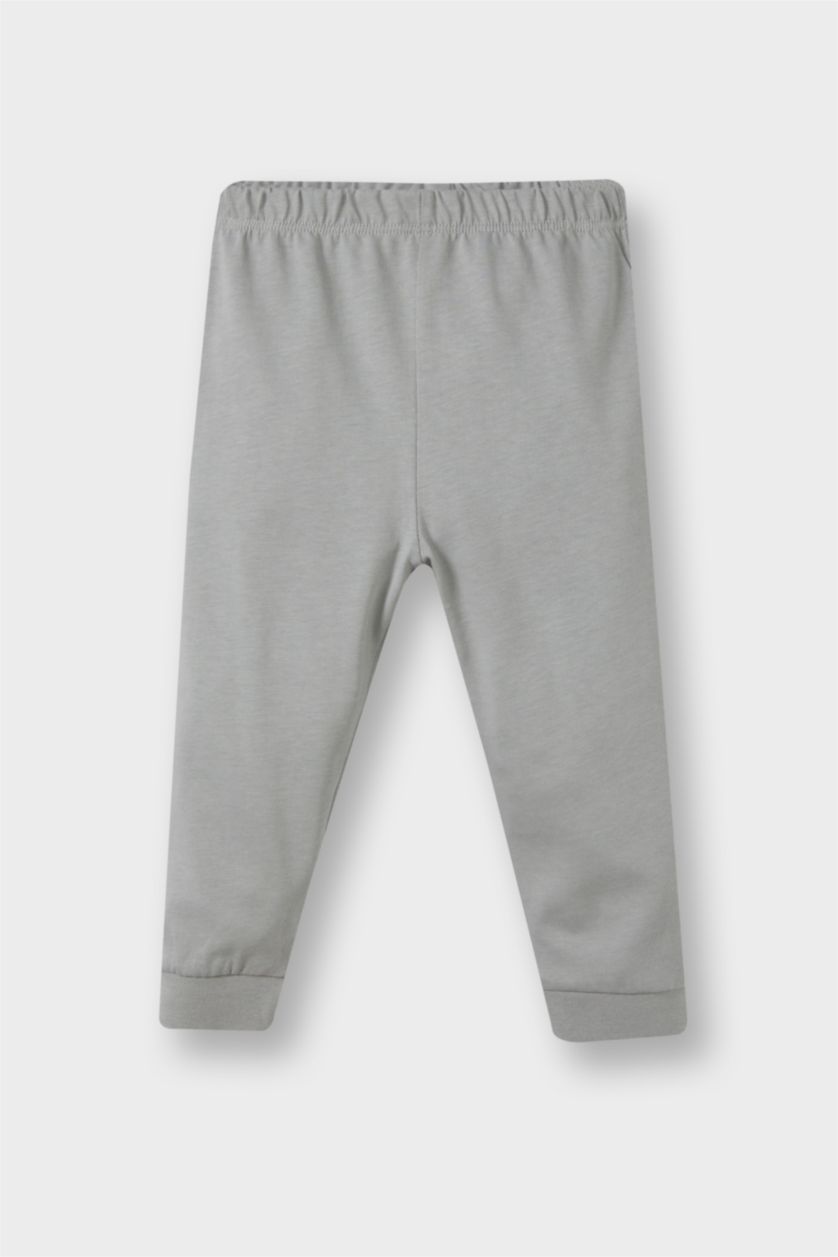 Erkek Bebek Açık Gri Erkek Bebek Pijama Takımı Baskılı Uzun Kollu Penye Üst Uzun Alt