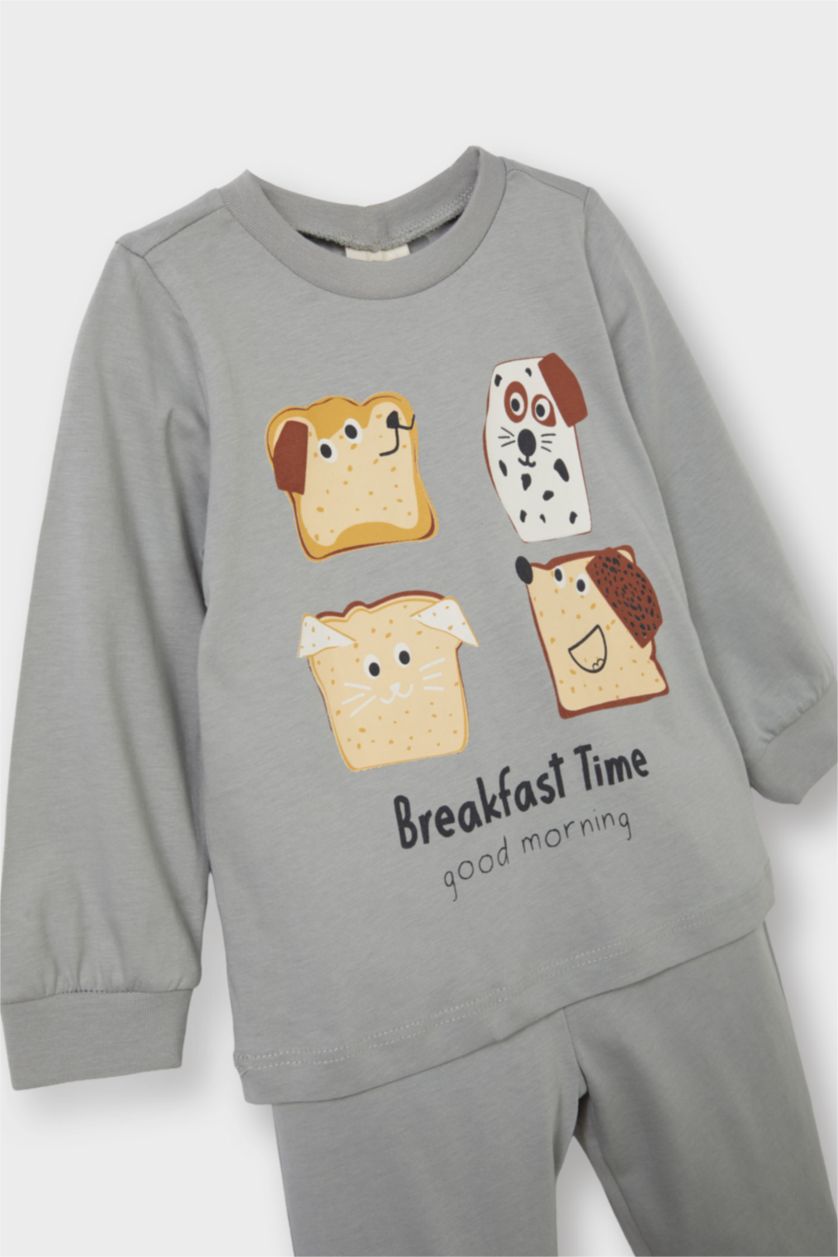 Erkek Bebek Açık Gri Erkek Bebek Pijama Takımı Baskılı Uzun Kollu Penye Üst Uzun Alt