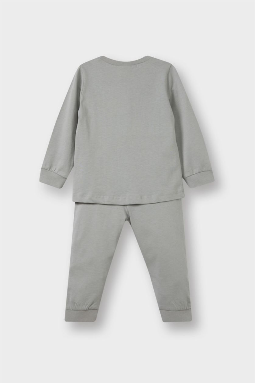Erkek Bebek Açık Gri Erkek Bebek Pijama Takımı Baskılı Uzun Kollu Penye Üst Uzun Alt