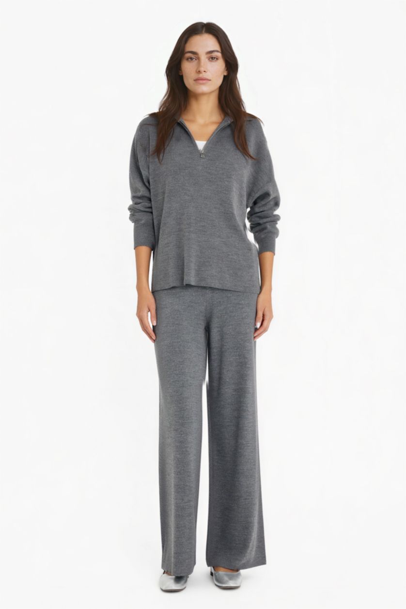 Kadın Antrasit Wide Leg Geniş Bol Paça Triko Pantolon