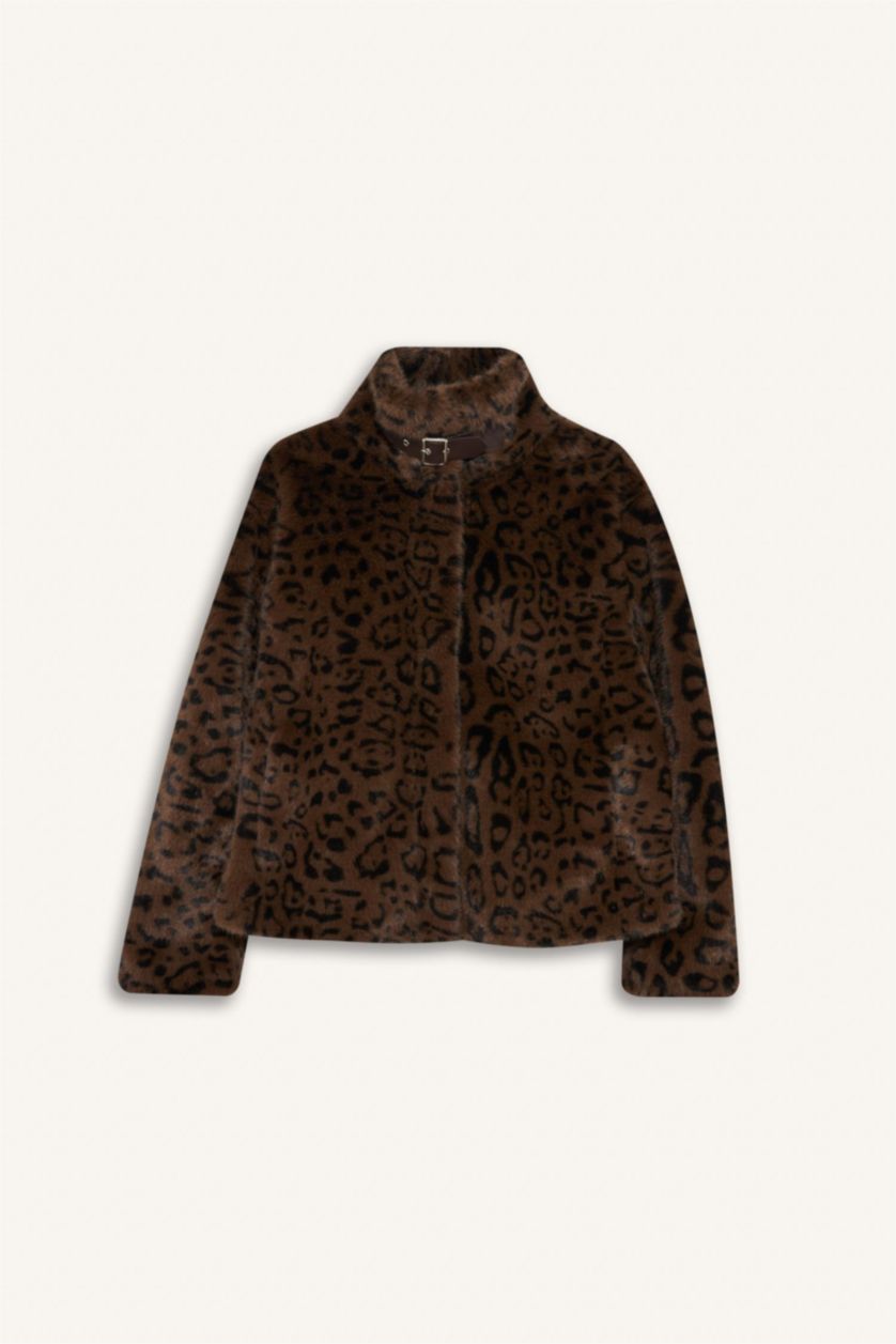 Kadın Kahve Regular Fit Leopar Desenli Kısa Suni Kürk