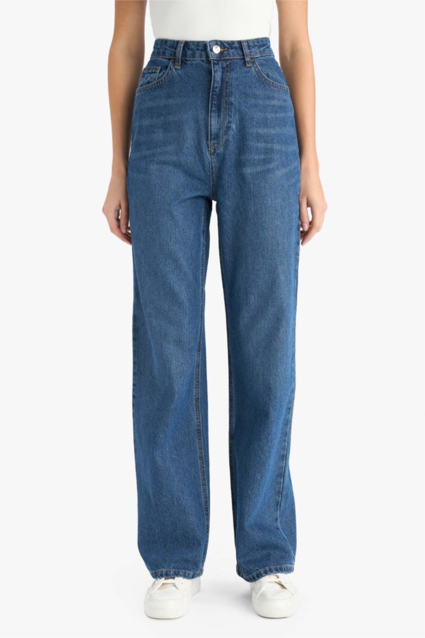 حريمي أزرق غامق بنطلون جينز وايد ليج برجل واسع وخصر عالي