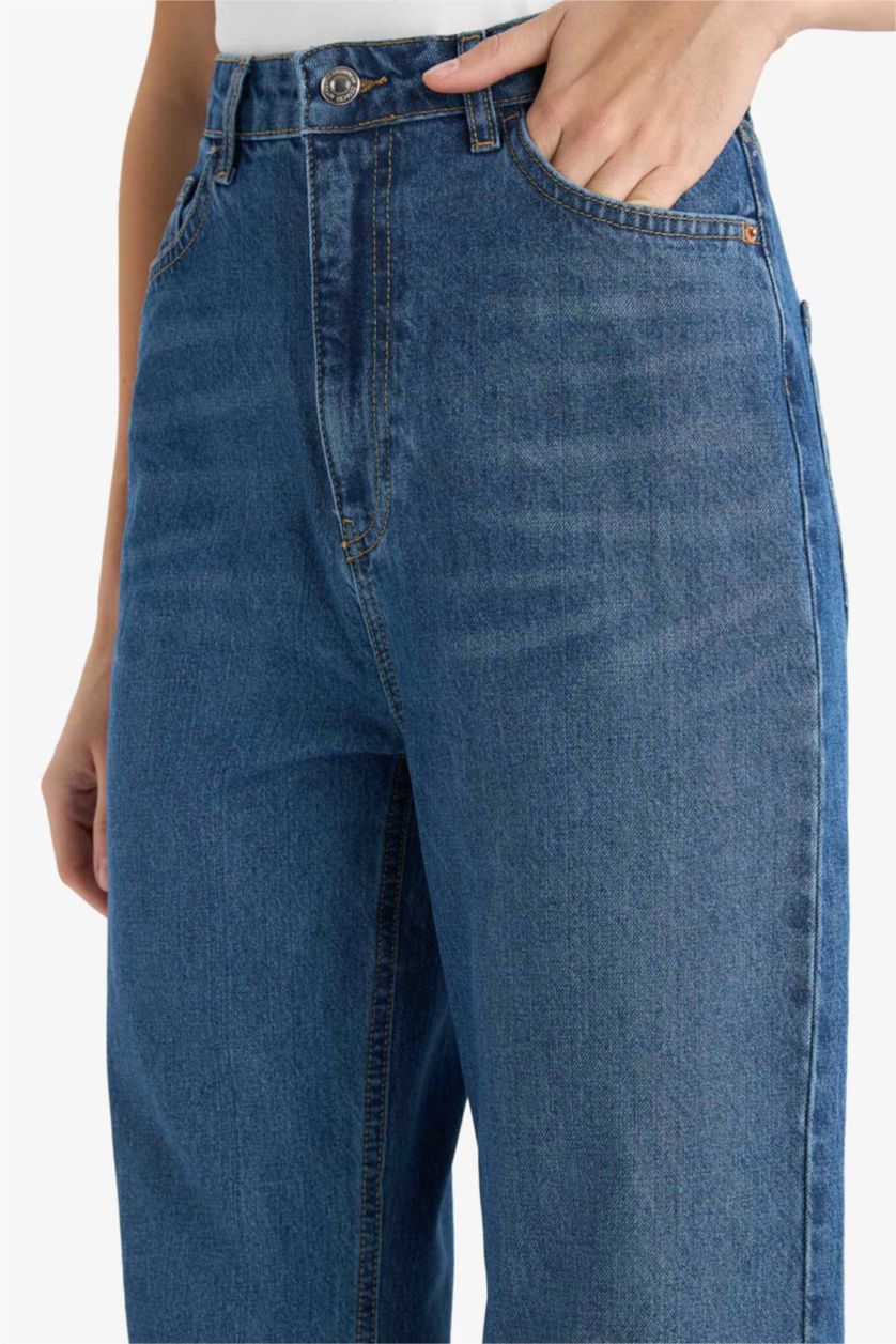 حريمي أزرق غامق بنطلون جينز وايد ليج برجل واسع وخصر عالي