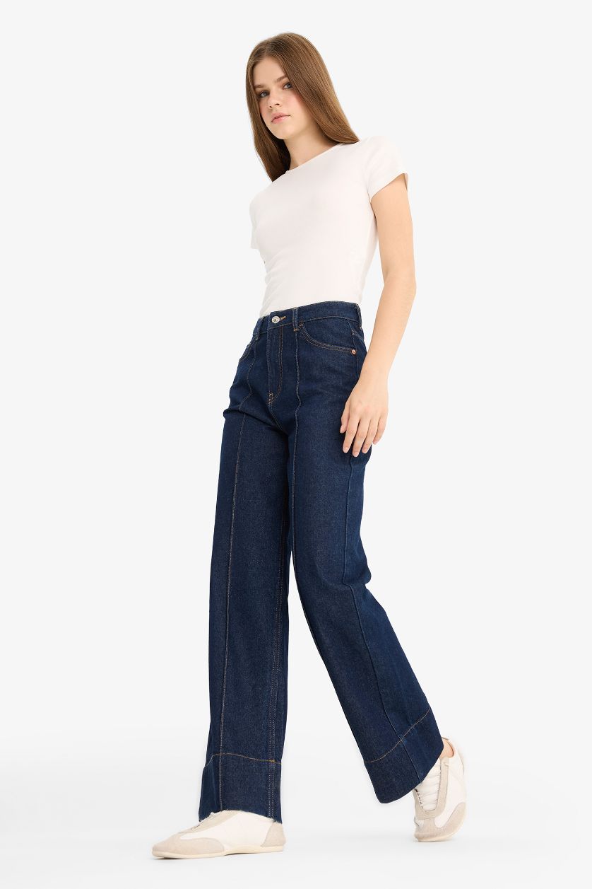 WOMAN Blue Black Regular Hem High Waist Straight Leg Denim Trousers