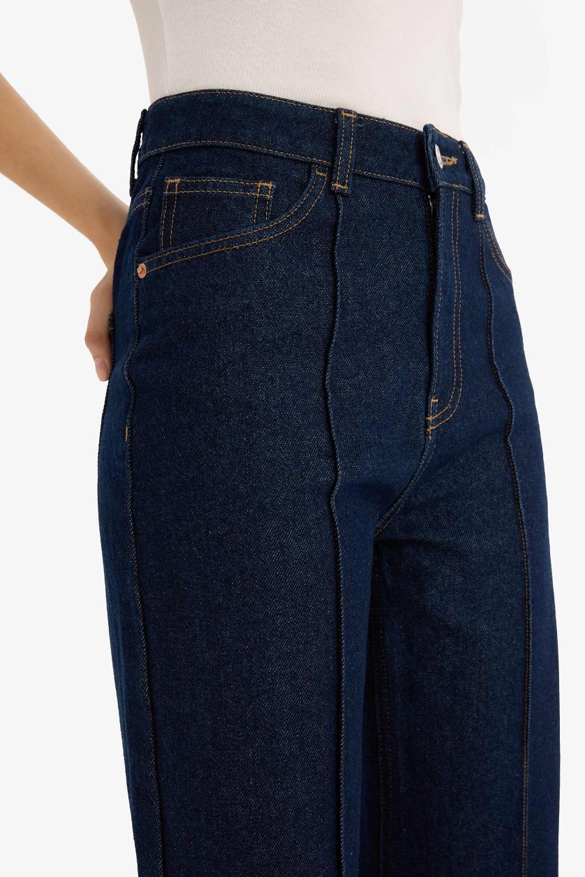 WOMAN Blue Black Regular Hem High Waist Straight Leg Denim Trousers