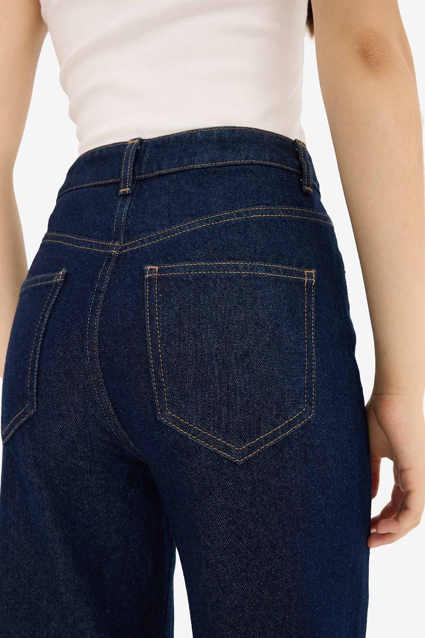 WOMAN Blue Black Regular Hem High Waist Straight Leg Denim Trousers