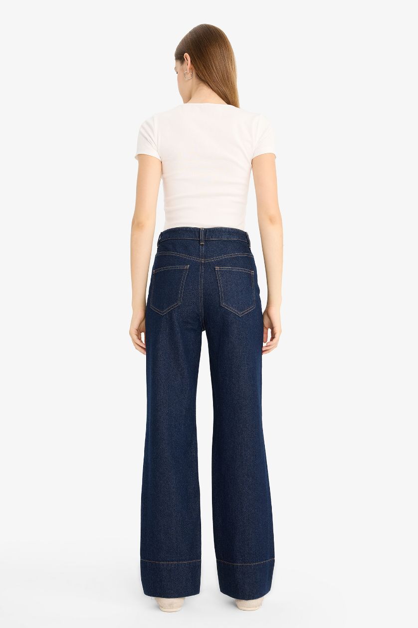 WOMAN Blue Black Regular Hem High Waist Straight Leg Denim Trousers