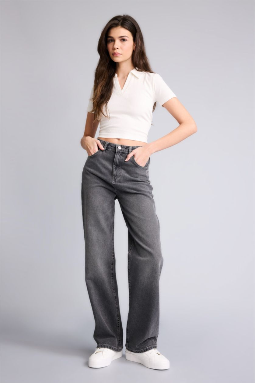 Kadın Antrasit %100 Pamuk 90's Wıde Leg Yüksek Bel Jean Pantolon