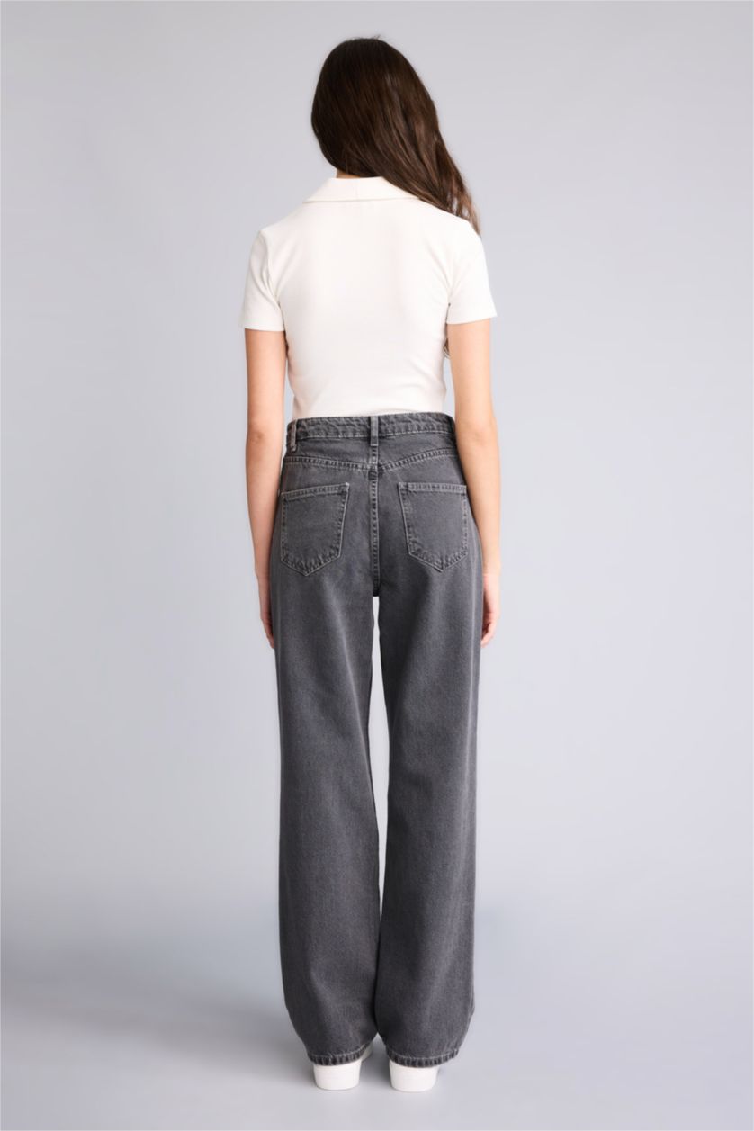 Kadın Antrasit %100 Pamuk 90's Wıde Leg Yüksek Bel Jean Pantolon
