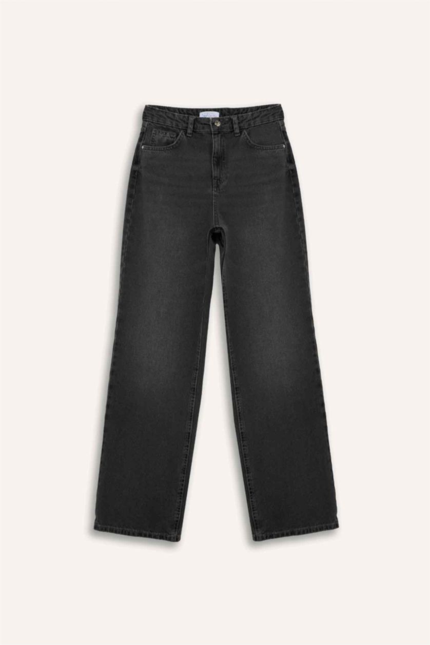 Kadın Antrasit %100 Pamuk 90's Wıde Leg Yüksek Bel Jean Pantolon