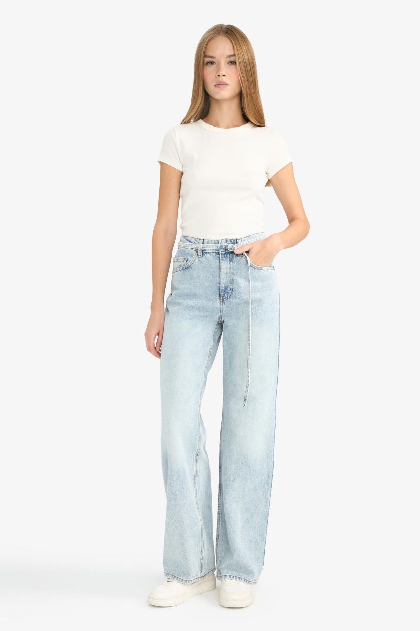 Woman Light Blue Straight Wide Leg High Waist Long Jeans