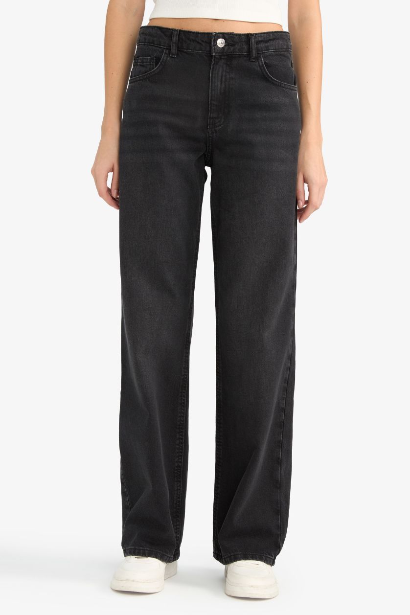 Kadın Siyah %100 Pamuk Straıght Wıde Yüksek Bel Jean Pantolon