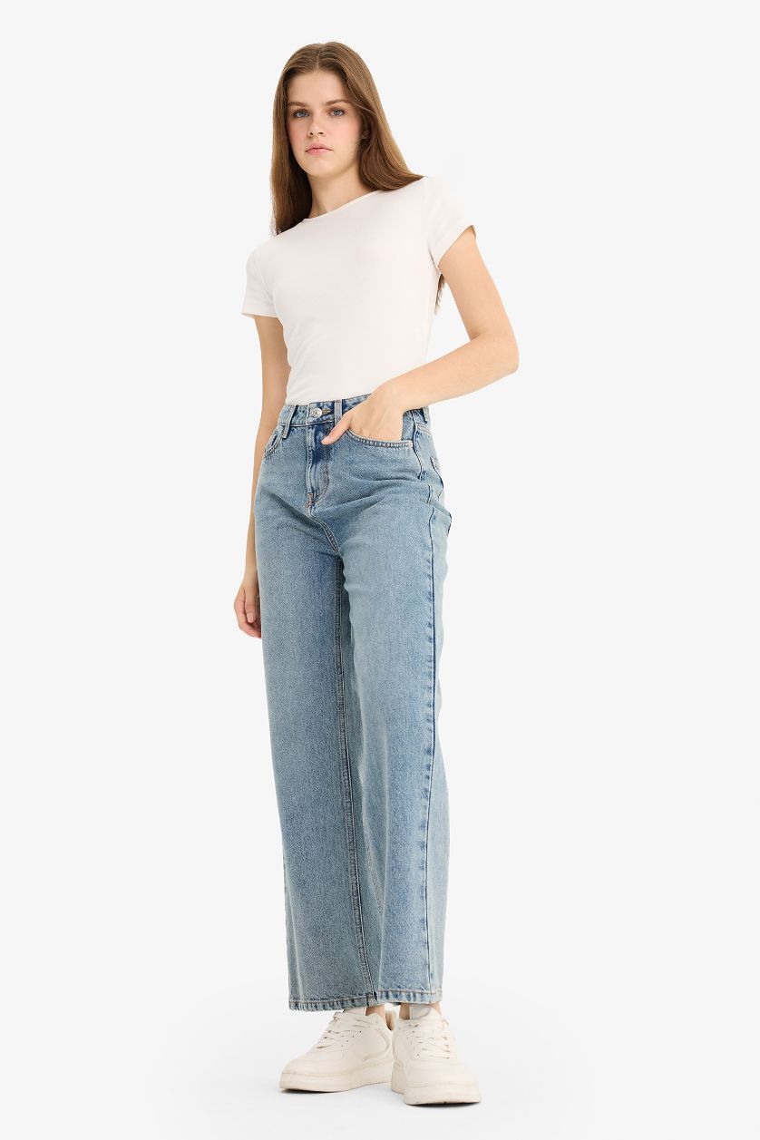 Woman Blue Straight Fit High Waist Long Washed Jeans