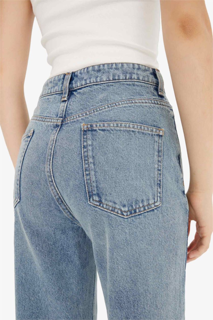 Woman Blue Straight Fit High Waist Long Washed Jeans