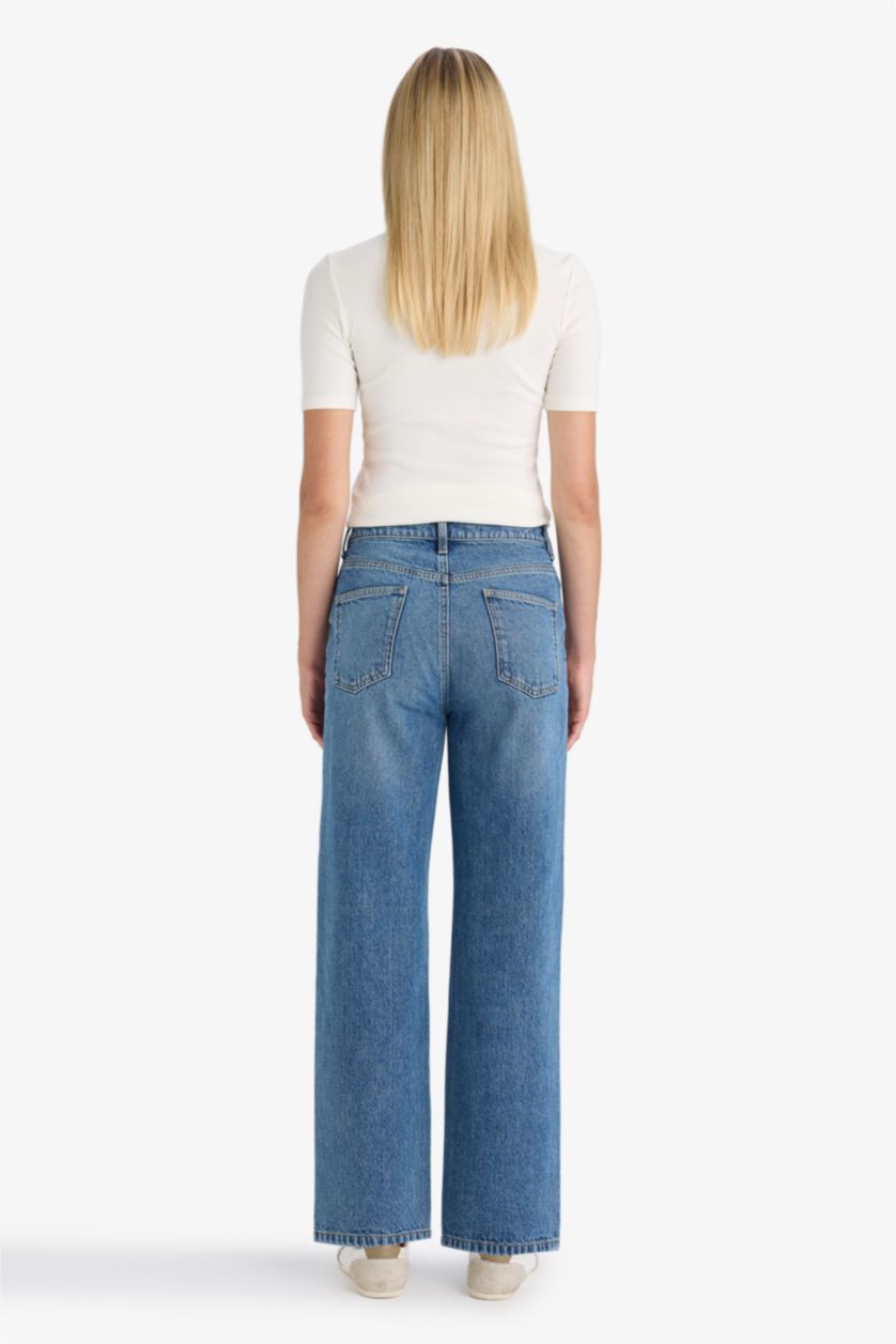 Kadın Mavi Straıght Fıt Yüksek Bel Düz Paça Uzun Jean Kar Yıkamalı Pantolon