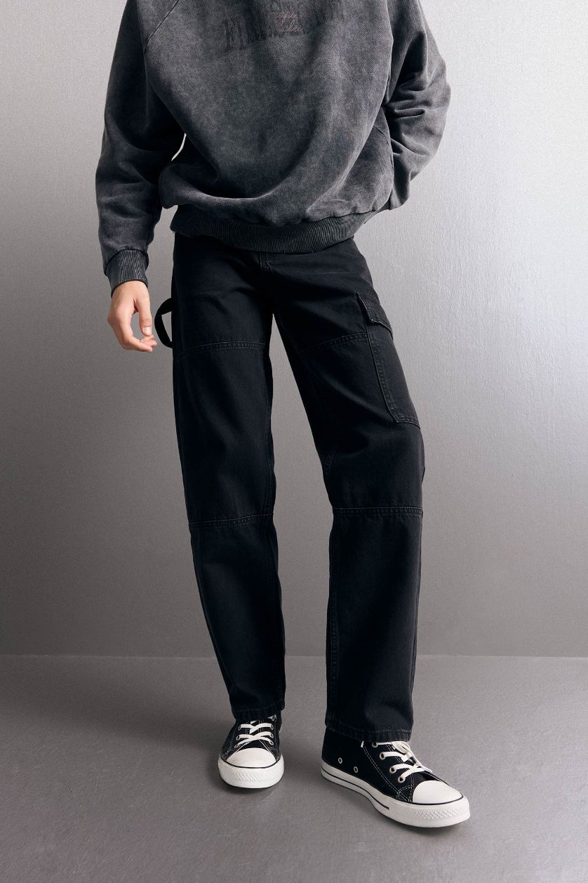 MAN Black Cotton Relax Fit Wide Leg Cargo Jeans