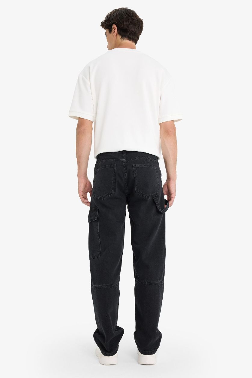 MAN Black Cotton Relax Fit Wide Leg Cargo Jeans