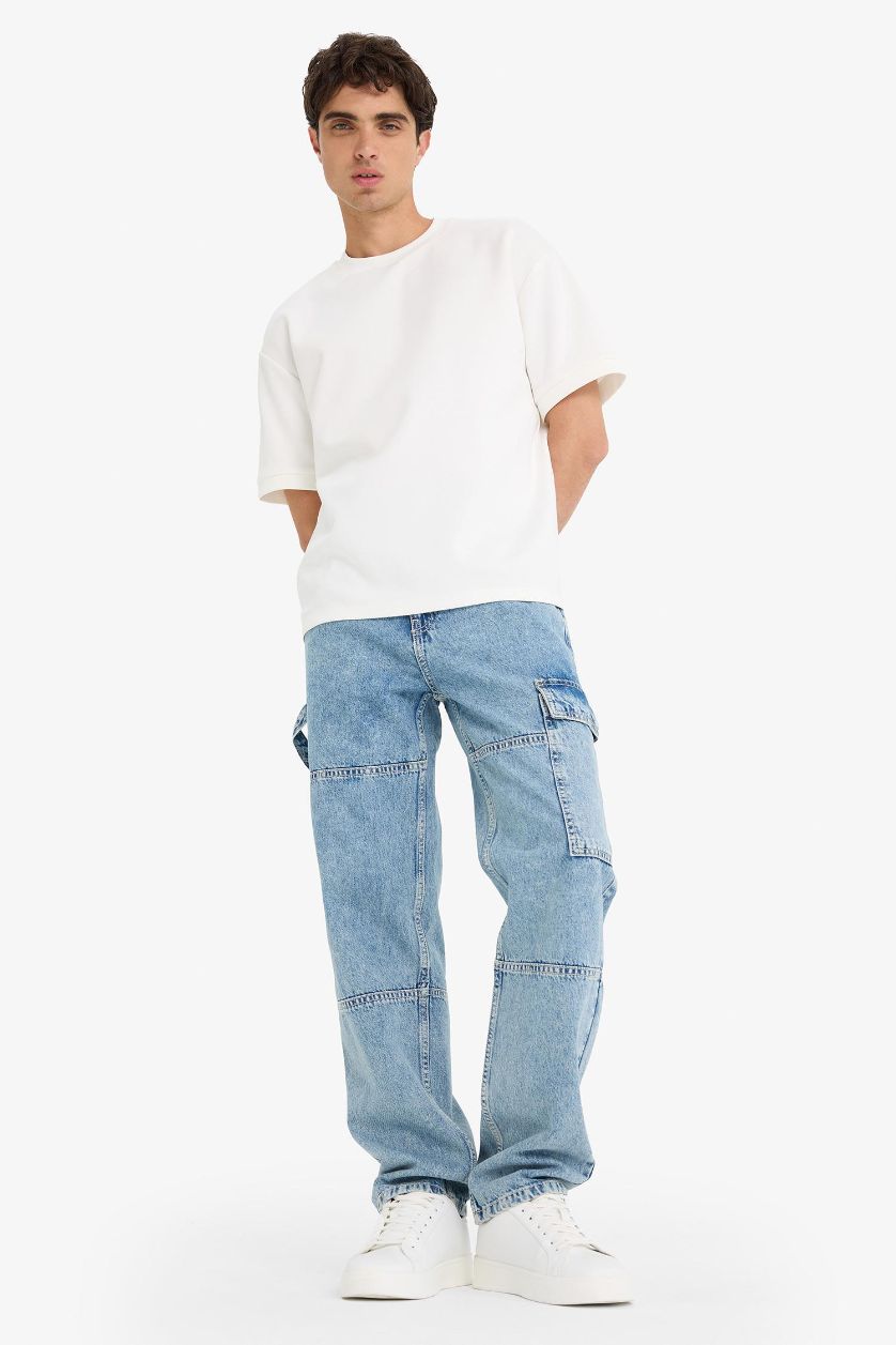 MAN Light Blue Cotton Relax Fit Wide Leg Cargo Jeans