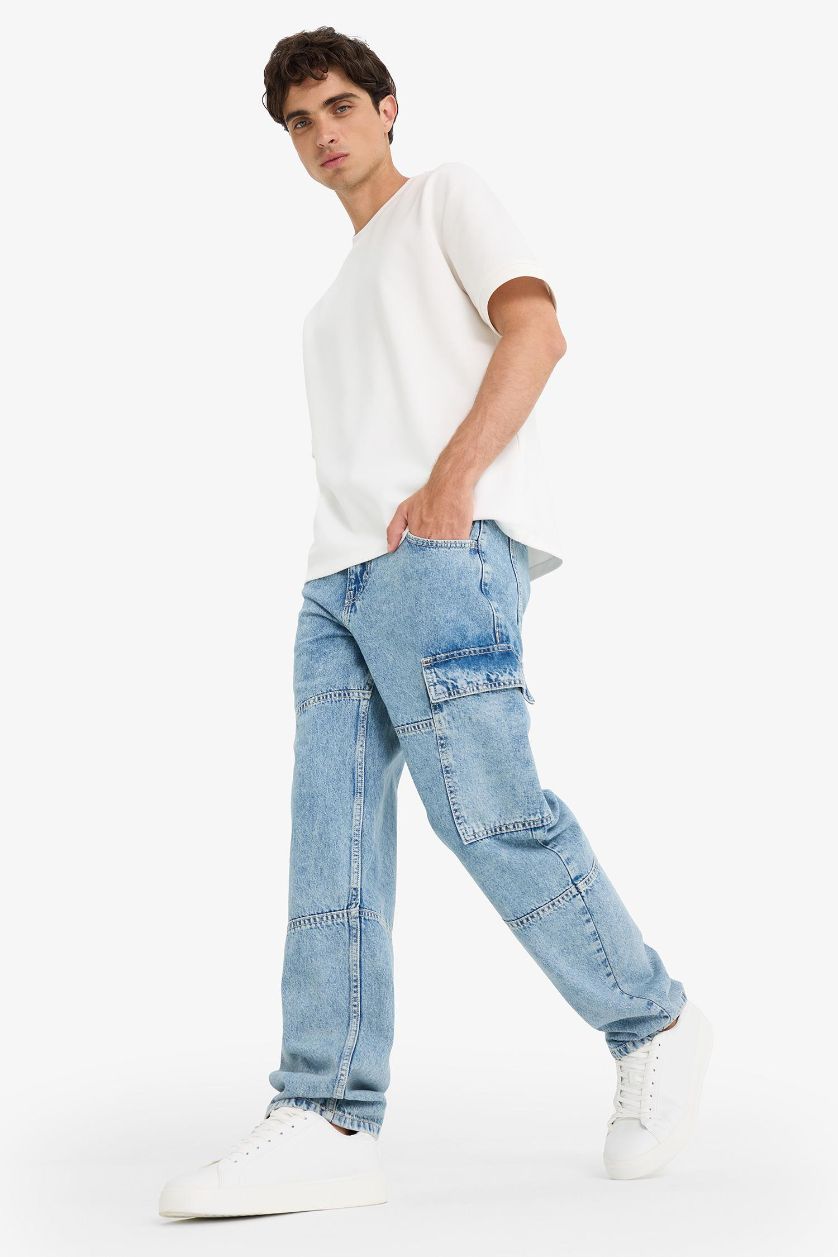 MAN Light Blue Cotton Relax Fit Wide Leg Cargo Jeans