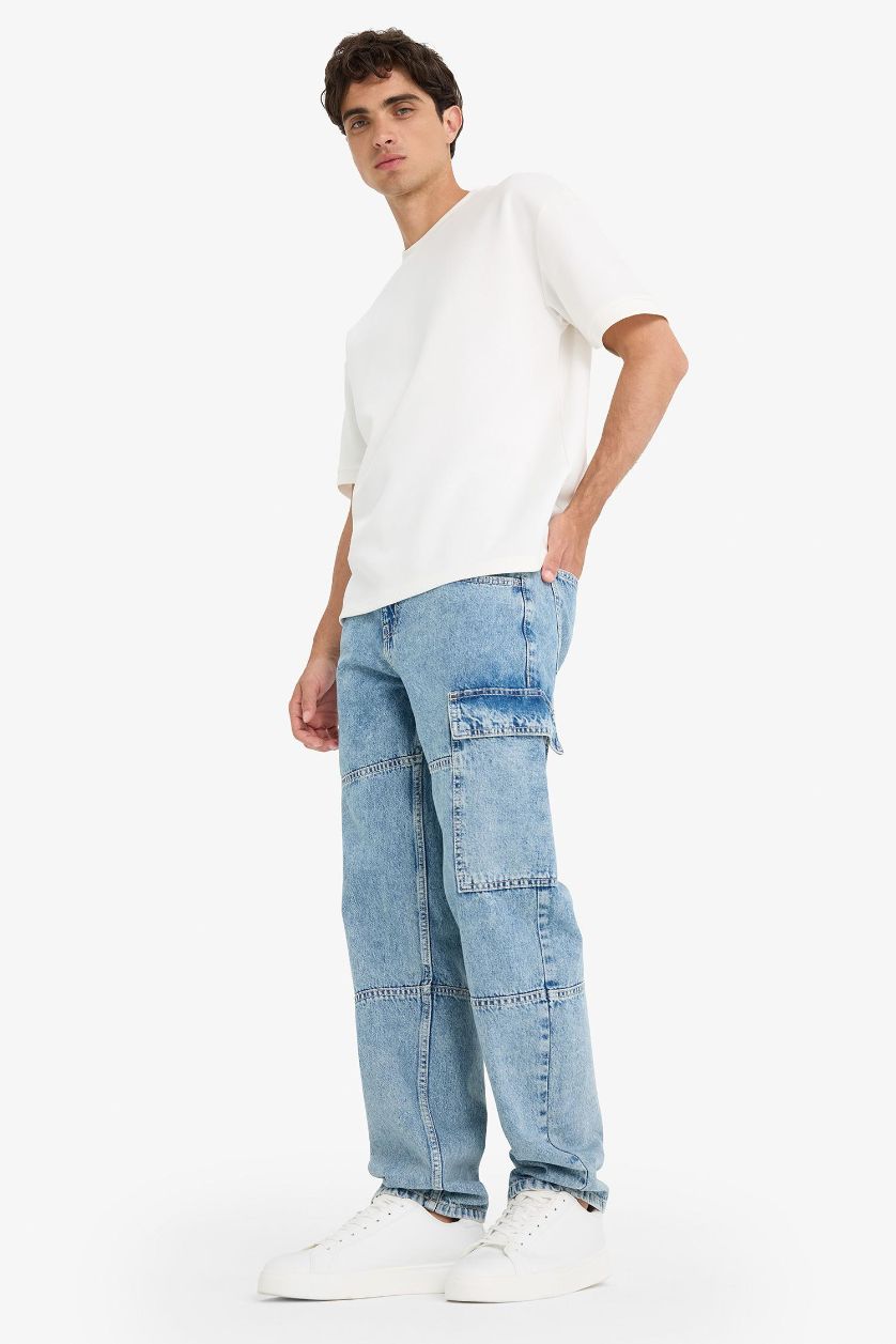 MAN Light Blue Cotton Relax Fit Wide Leg Cargo Jeans