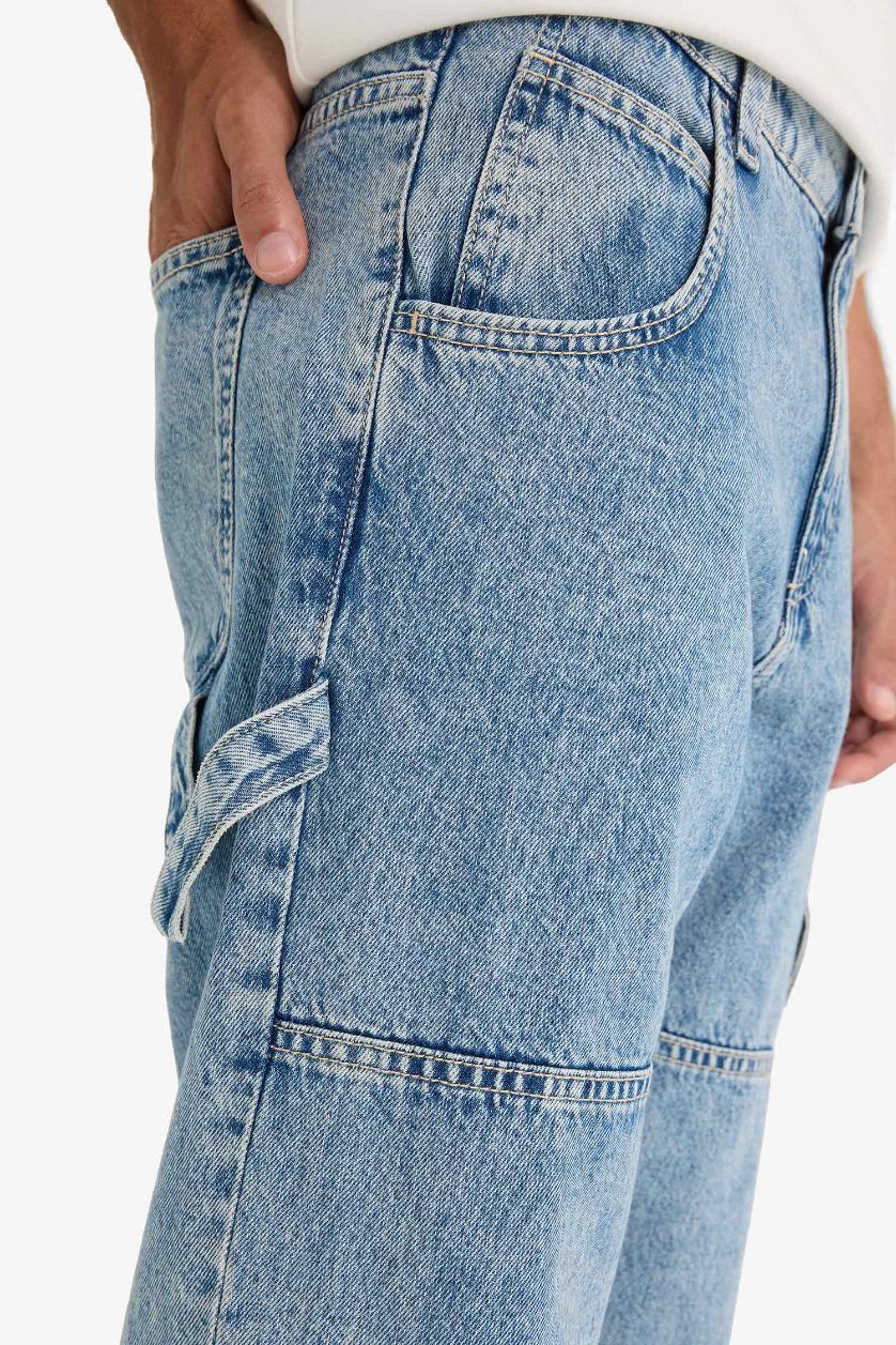 MAN Light Blue Cotton Relax Fit Wide Leg Cargo Jeans