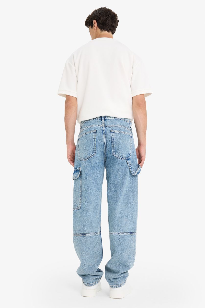 MAN Light Blue Cotton Relax Fit Wide Leg Cargo Jeans