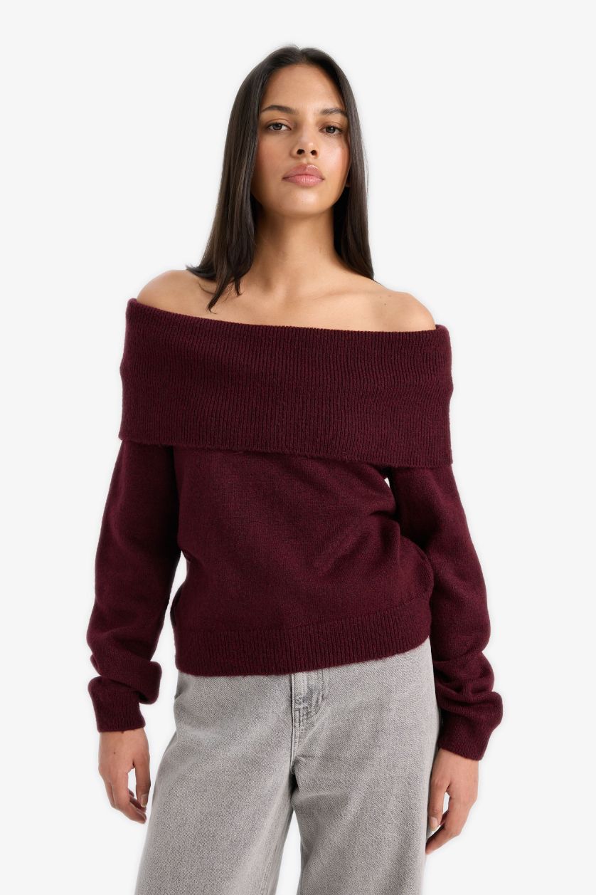 Kadın Bordo Regular Fit Açık Omuz Triko Kazak