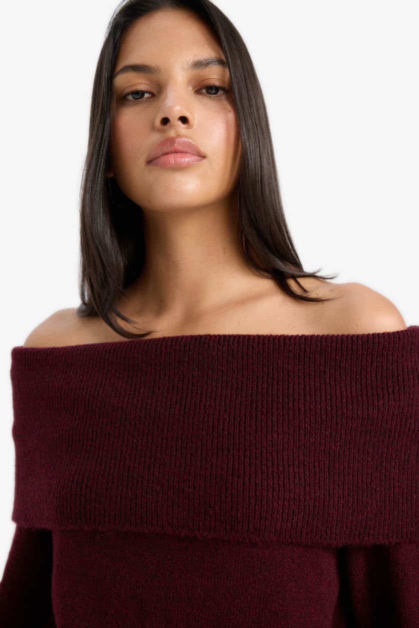 Kadın Bordo Regular Fit Açık Omuz Triko Kazak